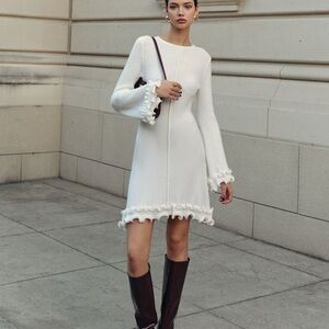 Commense White Long Sleeve Ruffle Dress